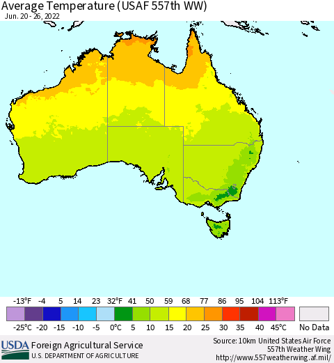Australia Average Temperature (USAF 557th WW) Thematic Map For 6/20/2022 - 6/26/2022