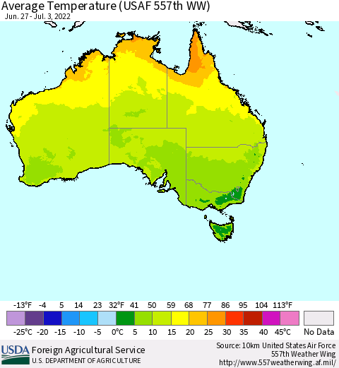 Australia Average Temperature (USAF 557th WW) Thematic Map For 6/27/2022 - 7/3/2022