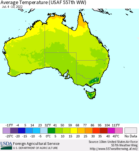 Australia Average Temperature (USAF 557th WW) Thematic Map For 7/4/2022 - 7/10/2022