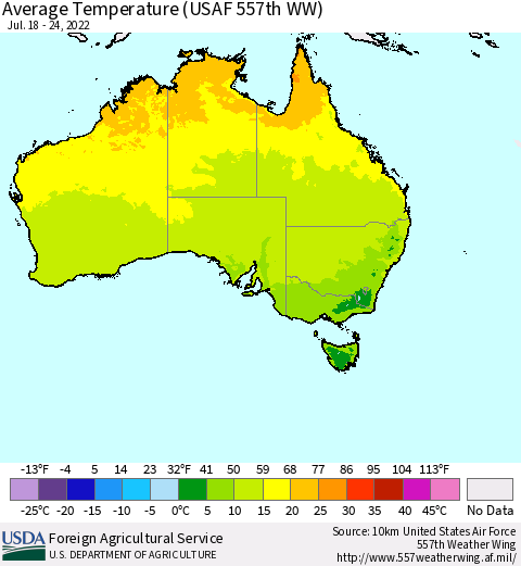 Australia Average Temperature (USAF 557th WW) Thematic Map For 7/18/2022 - 7/24/2022