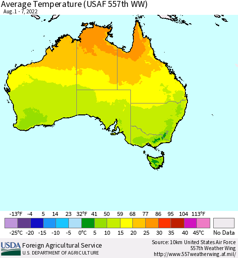 Australia Average Temperature (USAF 557th WW) Thematic Map For 8/1/2022 - 8/7/2022