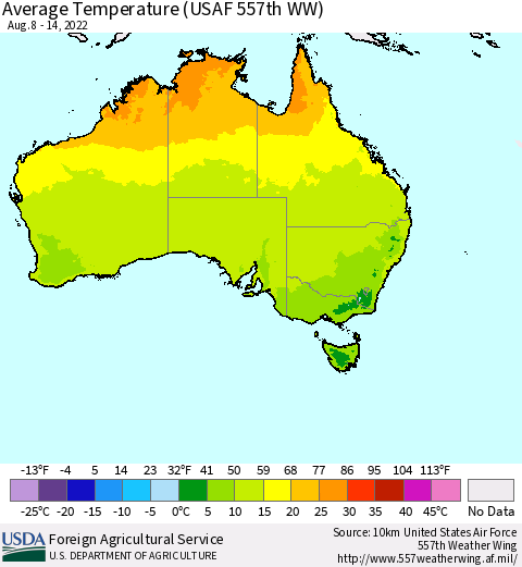 Australia Average Temperature (USAF 557th WW) Thematic Map For 8/8/2022 - 8/14/2022