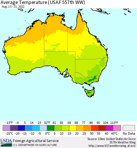 Australia Average Temperature (USAF 557th WW) Thematic Map For 8/15/2022 - 8/21/2022