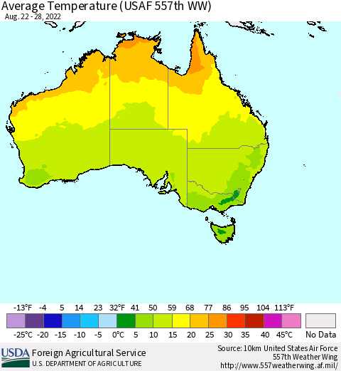 Australia Average Temperature (USAF 557th WW) Thematic Map For 8/22/2022 - 8/28/2022
