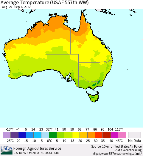 Australia Average Temperature (USAF 557th WW) Thematic Map For 8/29/2022 - 9/4/2022