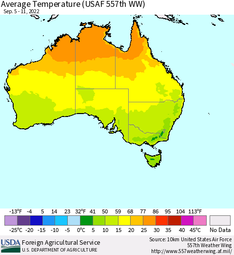 Australia Average Temperature (USAF 557th WW) Thematic Map For 9/5/2022 - 9/11/2022