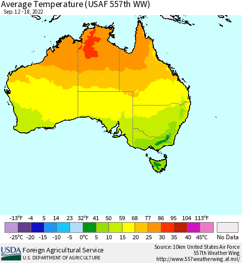 Australia Average Temperature (USAF 557th WW) Thematic Map For 9/12/2022 - 9/18/2022