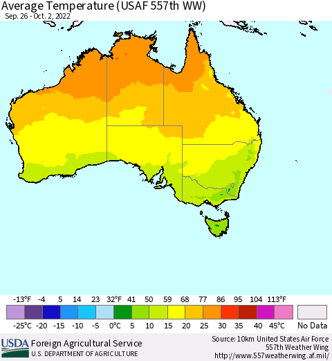 Australia Average Temperature (USAF 557th WW) Thematic Map For 9/26/2022 - 10/2/2022