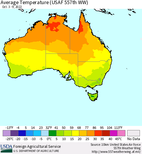 Australia Average Temperature (USAF 557th WW) Thematic Map For 10/3/2022 - 10/9/2022