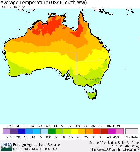 Australia Average Temperature (USAF 557th WW) Thematic Map For 10/10/2022 - 10/16/2022