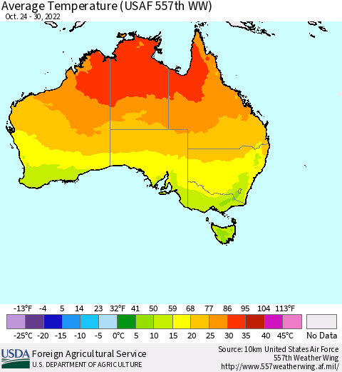 Australia Average Temperature (USAF 557th WW) Thematic Map For 10/24/2022 - 10/30/2022