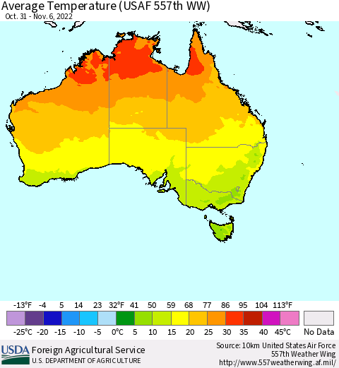 Australia Average Temperature (USAF 557th WW) Thematic Map For 10/31/2022 - 11/6/2022