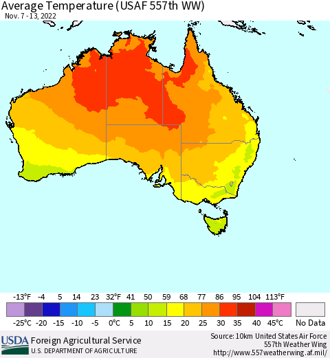 Australia Average Temperature (USAF 557th WW) Thematic Map For 11/7/2022 - 11/13/2022