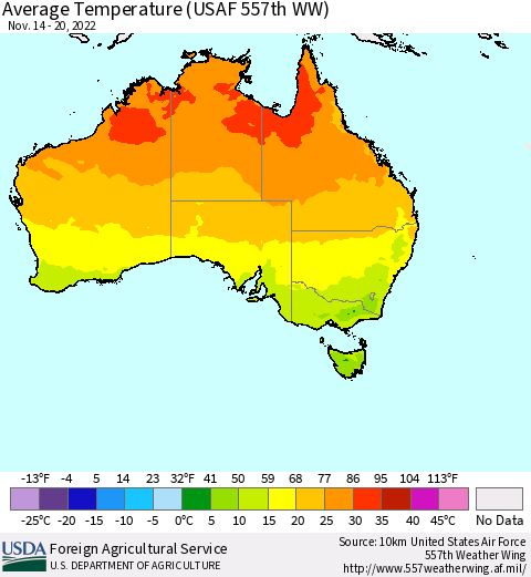 Australia Average Temperature (USAF 557th WW) Thematic Map For 11/14/2022 - 11/20/2022