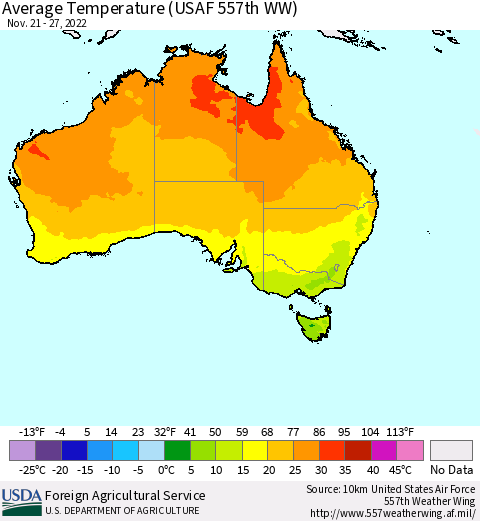 Australia Average Temperature (USAF 557th WW) Thematic Map For 11/21/2022 - 11/27/2022