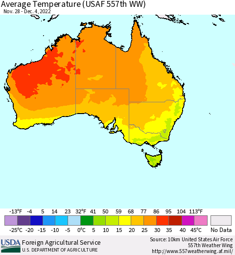 Australia Average Temperature (USAF 557th WW) Thematic Map For 11/28/2022 - 12/4/2022