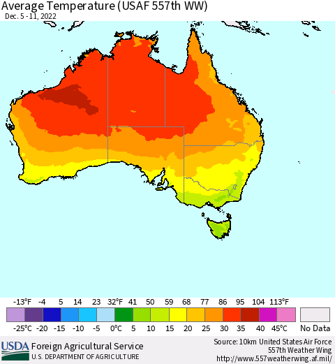 Australia Average Temperature (USAF 557th WW) Thematic Map For 12/5/2022 - 12/11/2022