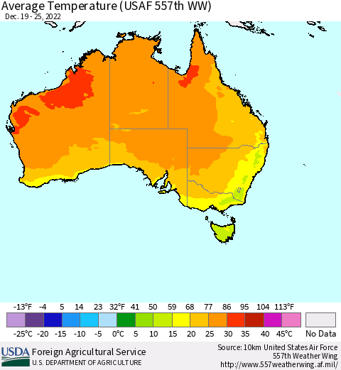 Australia Average Temperature (USAF 557th WW) Thematic Map For 12/19/2022 - 12/25/2022