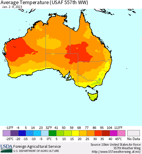 Australia Average Temperature (USAF 557th WW) Thematic Map For 1/2/2023 - 1/8/2023