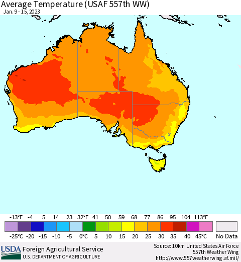 Australia Average Temperature (USAF 557th WW) Thematic Map For 1/9/2023 - 1/15/2023