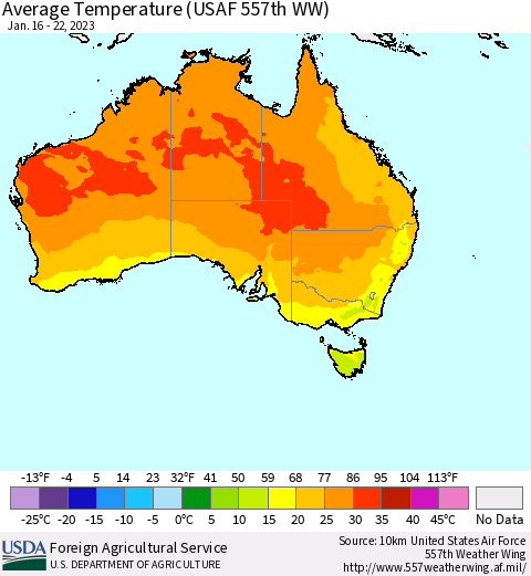 Australia Average Temperature (USAF 557th WW) Thematic Map For 1/16/2023 - 1/22/2023