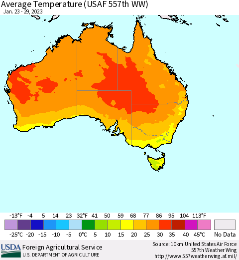 Australia Average Temperature (USAF 557th WW) Thematic Map For 1/23/2023 - 1/29/2023
