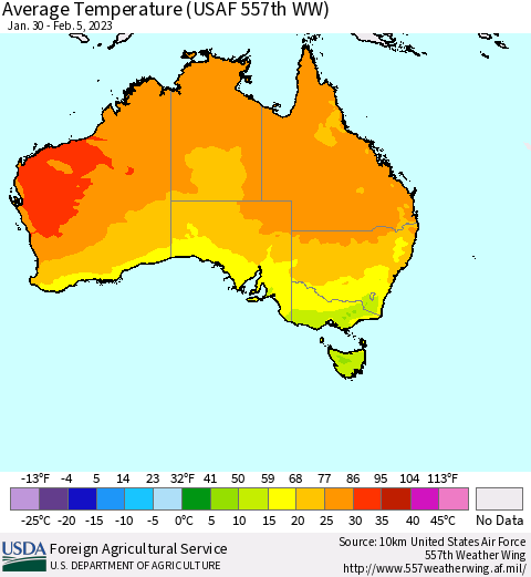 Australia Average Temperature (USAF 557th WW) Thematic Map For 1/30/2023 - 2/5/2023