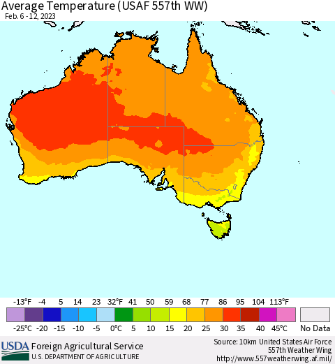 Australia Average Temperature (USAF 557th WW) Thematic Map For 2/6/2023 - 2/12/2023