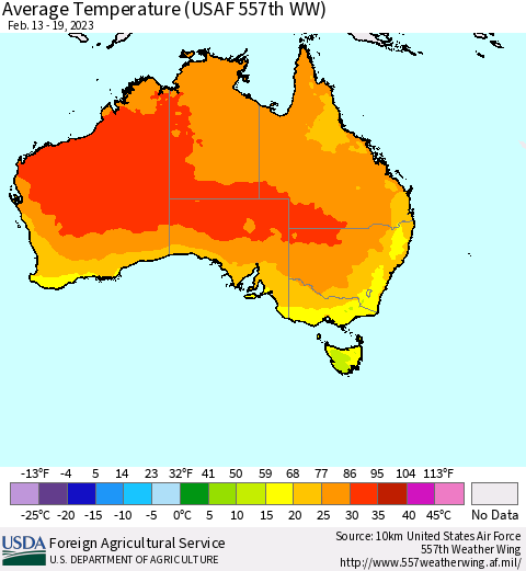 Australia Average Temperature (USAF 557th WW) Thematic Map For 2/13/2023 - 2/19/2023