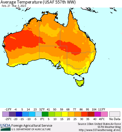 Australia Average Temperature (USAF 557th WW) Thematic Map For 2/27/2023 - 3/5/2023