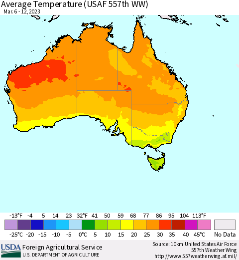 Australia Average Temperature (USAF 557th WW) Thematic Map For 3/6/2023 - 3/12/2023