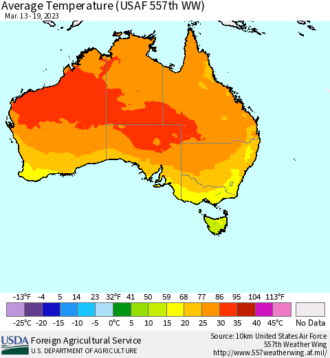 Australia Average Temperature (USAF 557th WW) Thematic Map For 3/13/2023 - 3/19/2023