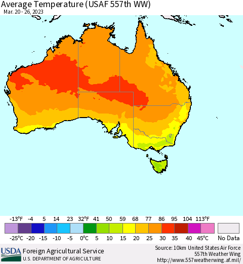 Australia Average Temperature (USAF 557th WW) Thematic Map For 3/20/2023 - 3/26/2023