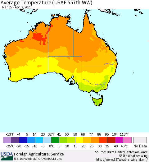 Australia Average Temperature (USAF 557th WW) Thematic Map For 3/27/2023 - 4/2/2023