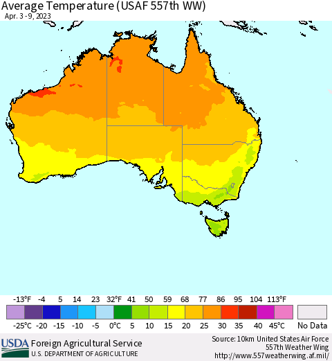 Australia Average Temperature (USAF 557th WW) Thematic Map For 4/3/2023 - 4/9/2023