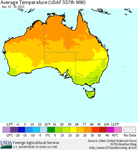 Australia Average Temperature (USAF 557th WW) Thematic Map For 4/10/2023 - 4/16/2023
