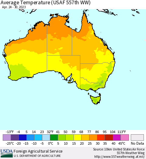 Australia Average Temperature (USAF 557th WW) Thematic Map For 4/24/2023 - 4/30/2023