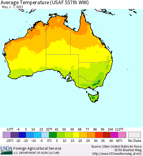 Australia Average Temperature (USAF 557th WW) Thematic Map For 5/1/2023 - 5/7/2023