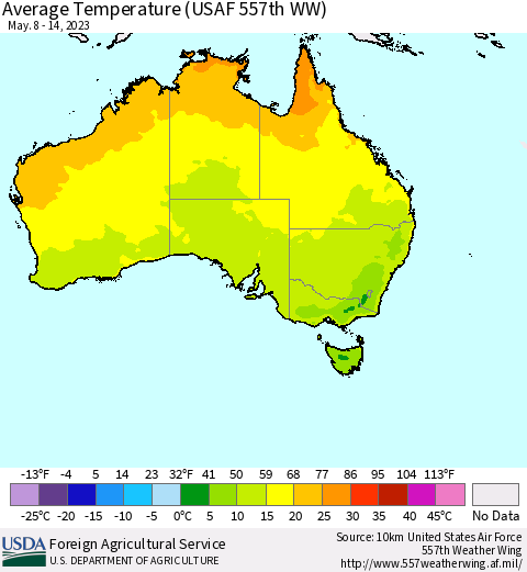 Australia Average Temperature (USAF 557th WW) Thematic Map For 5/8/2023 - 5/14/2023