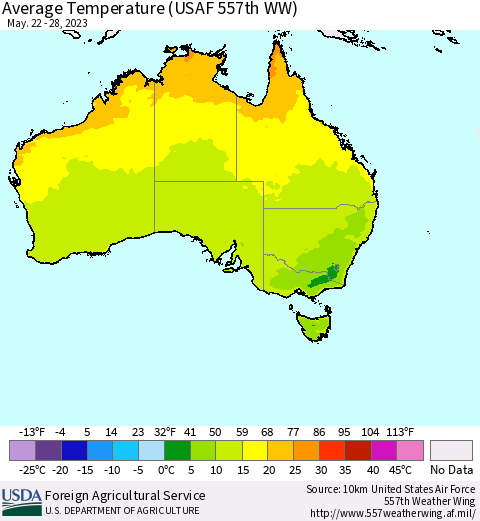 Australia Average Temperature (USAF 557th WW) Thematic Map For 5/22/2023 - 5/28/2023