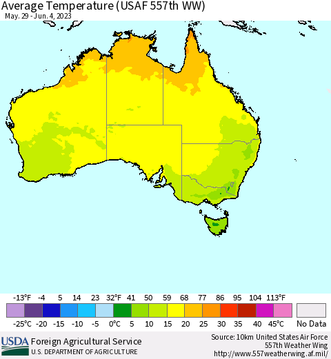 Australia Average Temperature (USAF 557th WW) Thematic Map For 5/29/2023 - 6/4/2023
