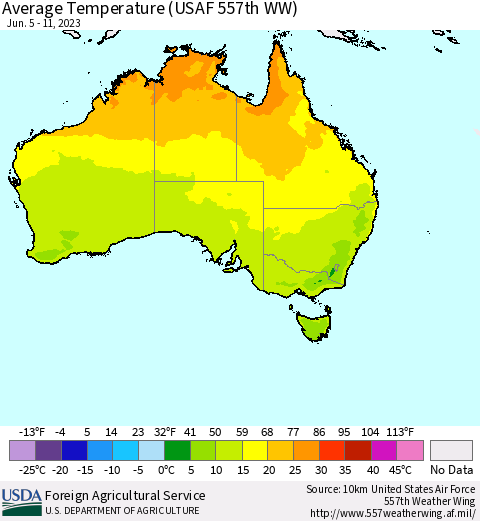 Australia Average Temperature (USAF 557th WW) Thematic Map For 6/5/2023 - 6/11/2023