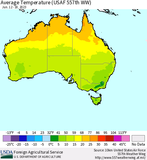 Australia Average Temperature (USAF 557th WW) Thematic Map For 6/12/2023 - 6/18/2023