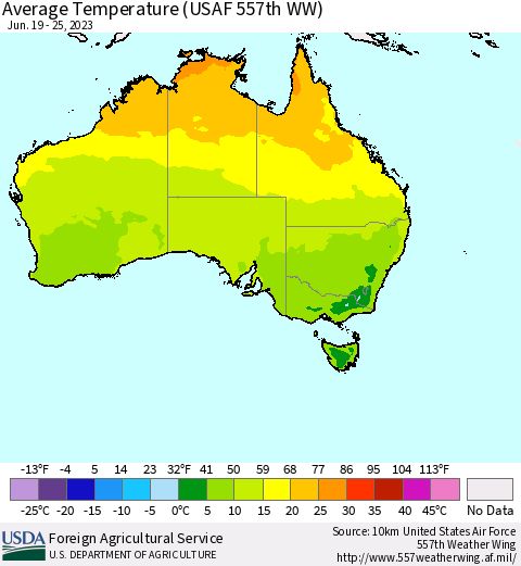 Australia Average Temperature (USAF 557th WW) Thematic Map For 6/19/2023 - 6/25/2023