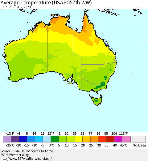 Australia Average Temperature (USAF 557th WW) Thematic Map For 6/26/2023 - 7/2/2023