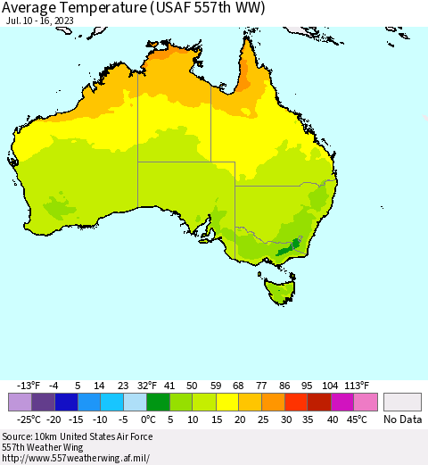 Australia Average Temperature (USAF 557th WW) Thematic Map For 7/10/2023 - 7/16/2023
