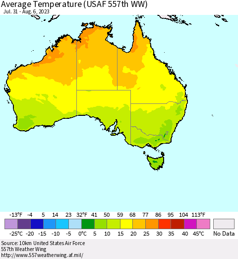 Australia Average Temperature (USAF 557th WW) Thematic Map For 7/31/2023 - 8/6/2023