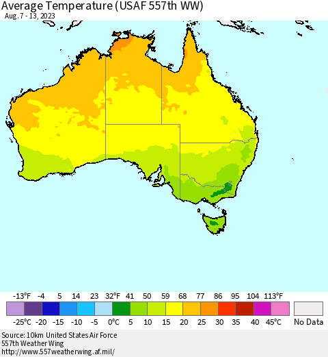 Australia Average Temperature (USAF 557th WW) Thematic Map For 8/7/2023 - 8/13/2023
