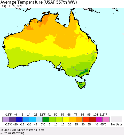 Australia Average Temperature (USAF 557th WW) Thematic Map For 8/14/2023 - 8/20/2023