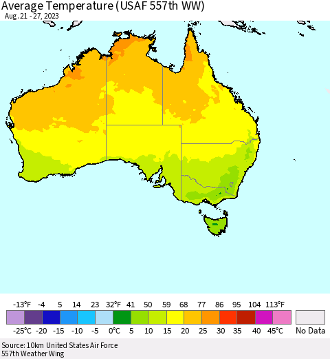 Australia Average Temperature (USAF 557th WW) Thematic Map For 8/21/2023 - 8/27/2023